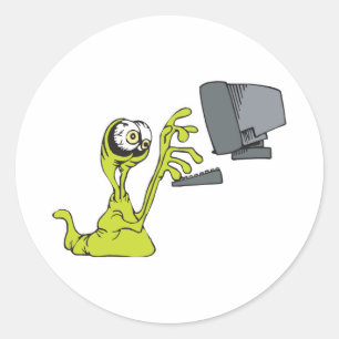 green computer typing alien monster blob classic round sticker