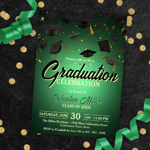 Green Confetti and Caps Graduation Celebration  Invitation