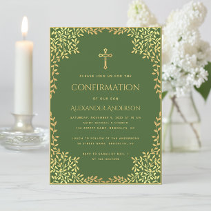 Green Confirmation Faux Gold Leaves Vintage Ornate Invitation
