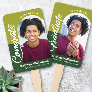 Green Congrats Grad 2 Photo Arch Bold Script Retro Hand Fan