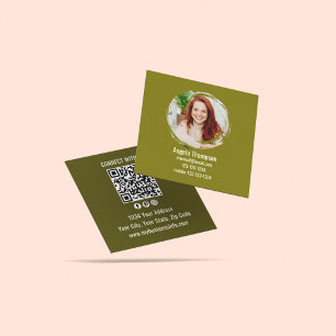 Green Connect with Me Photo QR Code  Square Business Card
