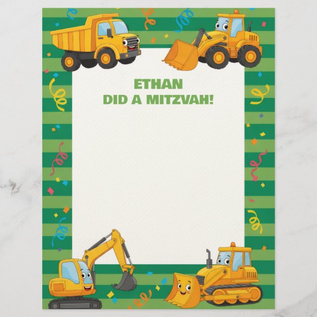 Green Construction Trucks Customized Mitzvah Notes Letterhead (Front)