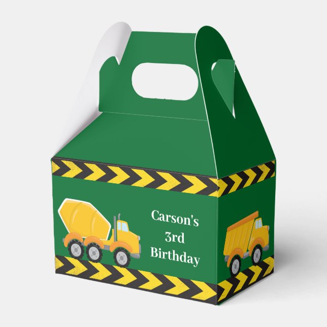 Green Construction Trucks Kids Birthday Party Favor Box (Front Side)