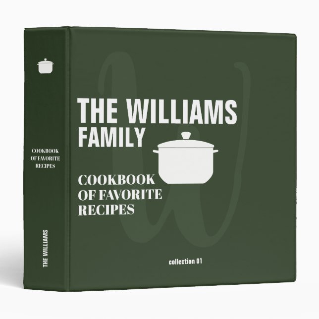 green cookbook with cooking pan for family recipes binder (Front/Spine)