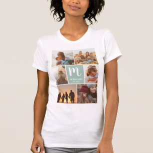 Green cool family monogram 6 photo collage grid T-Shirt