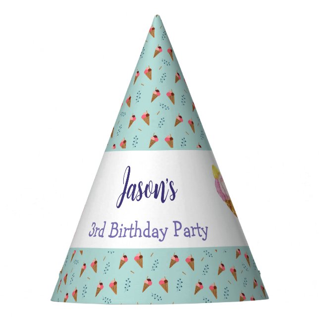 Green Cool Ice Cream Cone Boys Birthday Party Hat (Front)