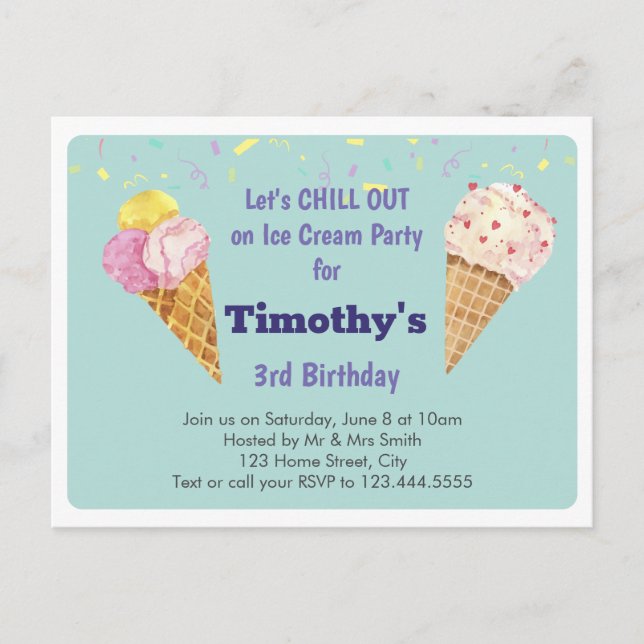 Green Cool Ice Cream Kids Birthday Party Invitation Postcard (Front)