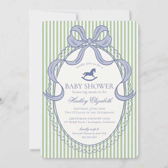 Green Coquette Bow Rocking Horse Baby Shower Invitation (Front)