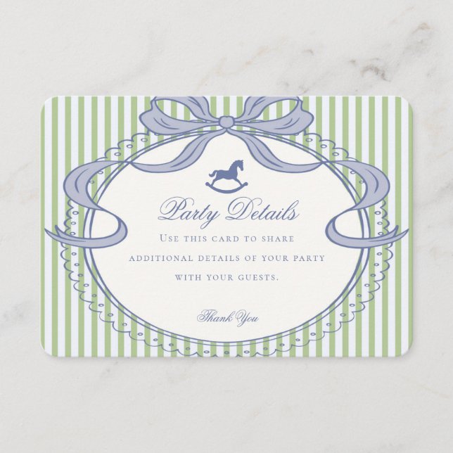 Green Coquette Bow Rocking Horse Details Enclosure Card (Front)