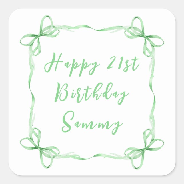 Green Coquette Ribbon Happy Birthday Square Sticker (Front)