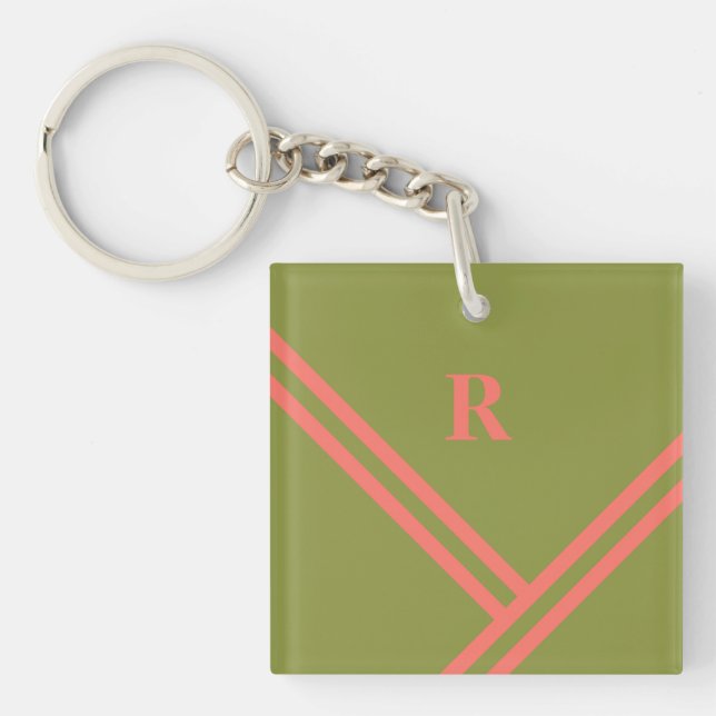 Green Coral Stripes Trending Colours Monogram Keychain (Front)