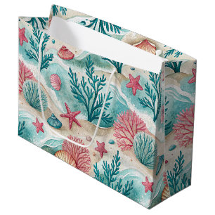 GREEN & CORAL SUMMER SEASHELLS LARGE GIFT BAG