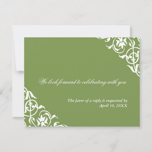 Green corner scroll wedding enclosure response invitation (Front)