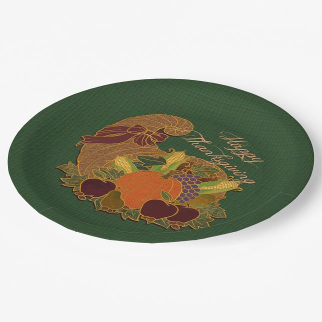 Green Cornucopia Thanksgiving Paper Plates (Angled)