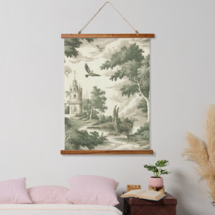 Green Countryside Hot Air Balloon Toile (2) Hanging Tapestry