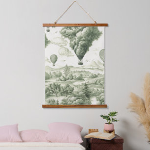 Green Countryside Hot Air Balloon Toile (3) Hanging Tapestry