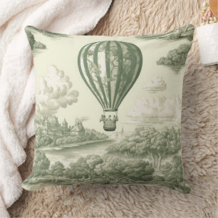 Green Countryside Hot Air Balloon Toile Throw Pillow