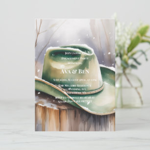 Green Cowboy Hat in Snow Engagement Party Invitation