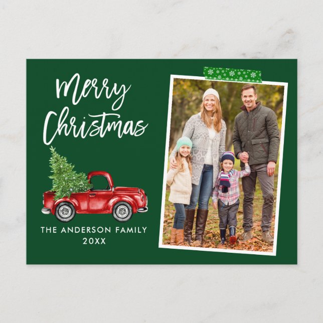 Green Craft Tape Brush Script Truck Christmas Postcard (Front)