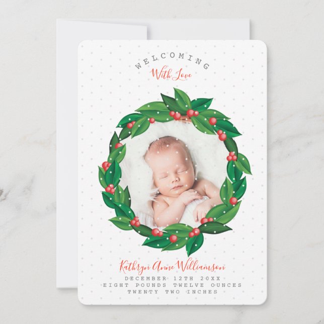 Green Cranberry Foliage Wreath Birth Announcement (Front)