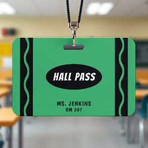 Green Crayon Teacher Student Classroom Hall Pass Badge