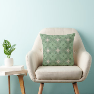Green, Cream and Pink Leaf Repeat Pattern Throw Pillow