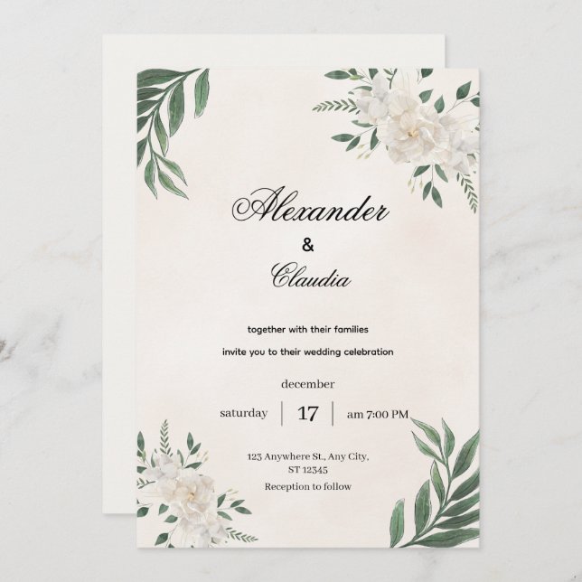 Green & Cream Botanical Wedding, Invitation (Front/Back)
