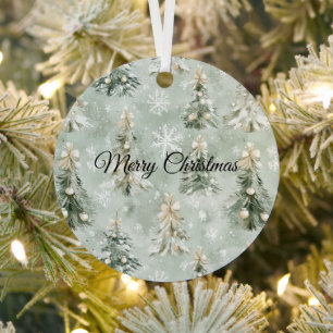 Green Cream Christmas Trees Snowflakes Metal Ornament