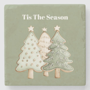 Green Cream Christmas Trees Stars Stone Coaster