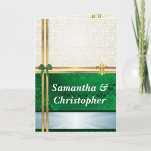 Green & cream damask wedding invitation