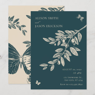 Green Cream Floral Butterfly Art wedding Invitation