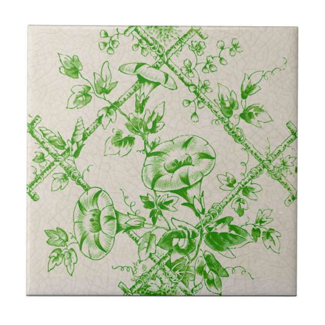 Green Cream Floral Trellis Repro Transferware Tile (Front)