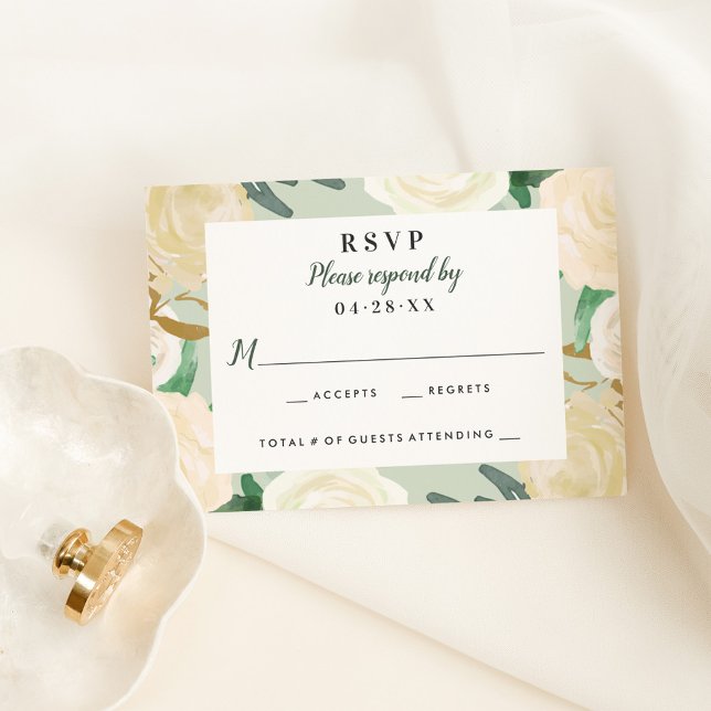 Green Cream Gold Floral Greenery Wedding RSVP Card (Creator Uploaded)