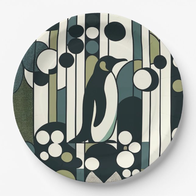 Green Cream Penguin Lost In the Geometry Paper Plate (Front)