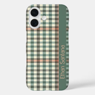 Green & Cream Plaid Custom Name iPhone 16 Case