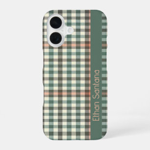 Green & Cream Plaid Custom Name iPhone 16 Case