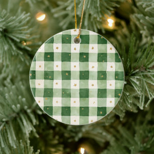 Green Cream Plaid Gold Stars Christmas Ceramic Ornament