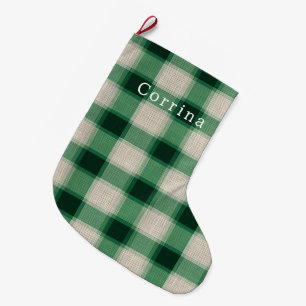 Green Cream Plaid Large Christmas Stocking