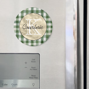 Green Cream Plaid Stripes Gold Monogram Magnet
