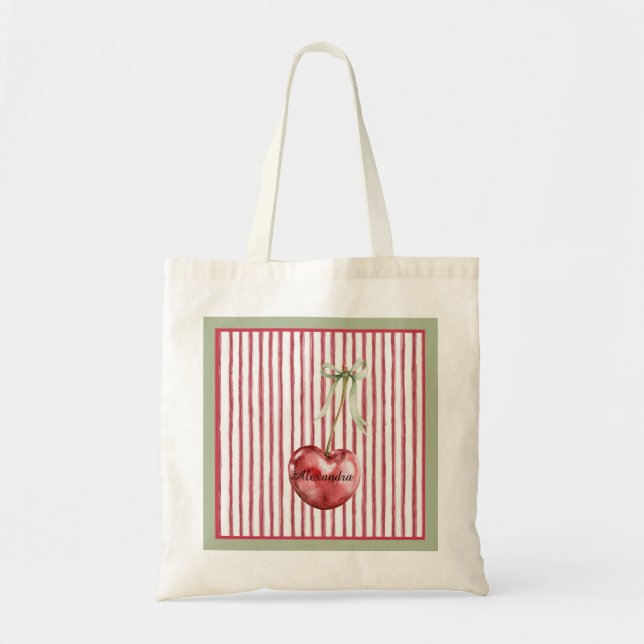 Green Cream Red Stripes Cherry Tote Bag (Front)