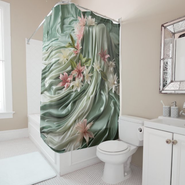 Green, Cream, Silk Drapes & Pinkish Flowers (In Situ)