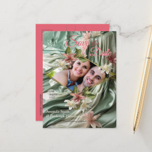 Green, Cream, Silk Drapes & Pinkish Flowers Announcement Postcard