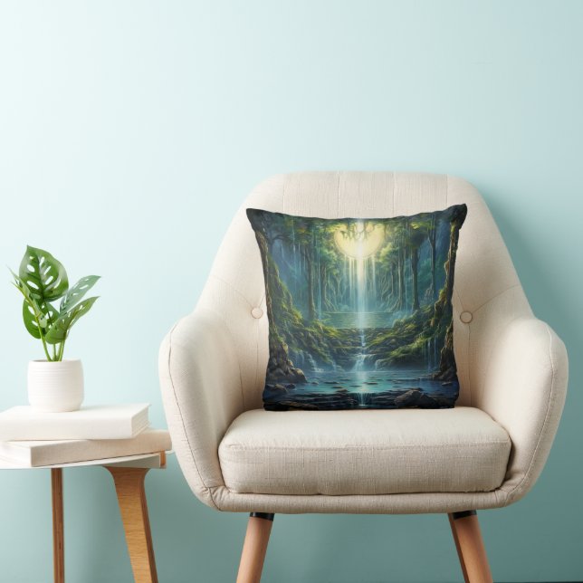 Green, Cream, Silk Drapes & Pinkish Flowers Throw Pillow (Chair)