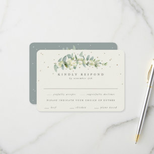 Green/Cream Snowberry+Eucalyptus Stem Wedding RSVP Card