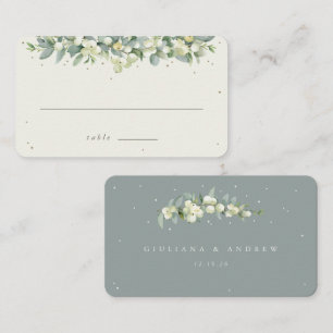 Green/Cream Snowberry+Eucalyptus Wedding Flat Place Card