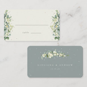 Green/Cream Snowberry+Eucalyptus Wedding Flat Place Card