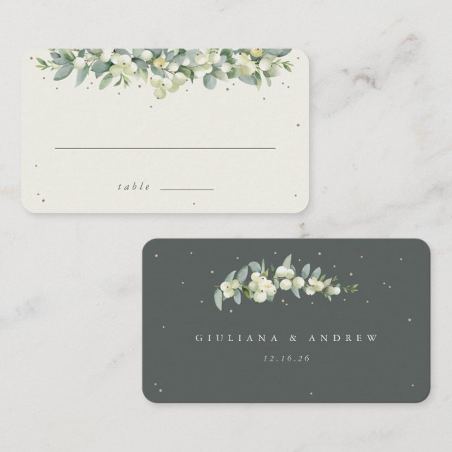 Green/Cream Snowberry+Eucalyptus Wedding Flat Place Card (Front/Back)