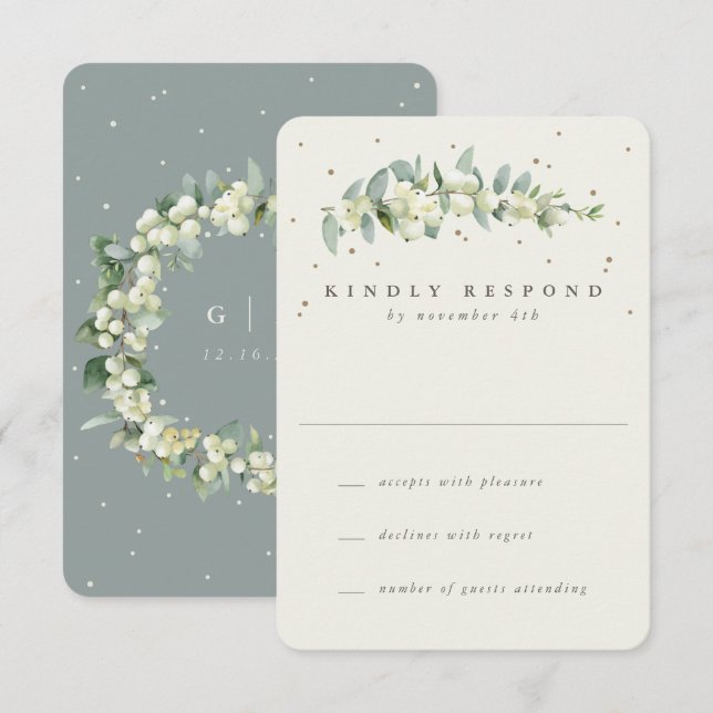 Green/Cream Snowberry+Eucalyptus Wedding RSVP Card (Front/Back)