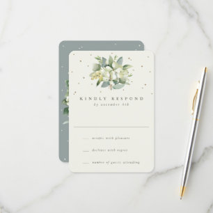 Green/Cream Snowberry+Eucalyptus Wedding RSVP Card