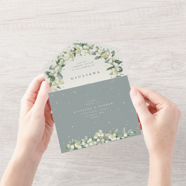 Green/Cream Snowberry+Eucalyptus Winter Wedding All In One Invitation (Opening)